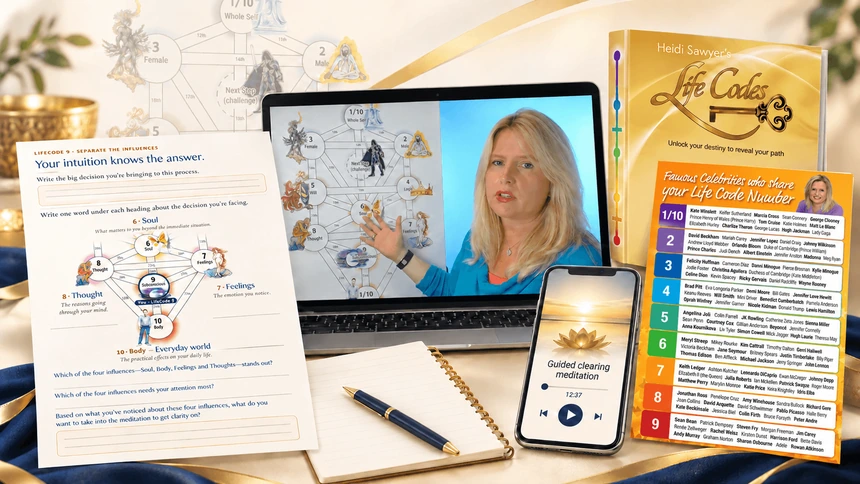 The LifeCode decision-making toolkit: a laptop showing the LifeCode video lesson beside a worksheet titled LifeCode 9 - Separate the Influences, a phone playing the guided clearing meditation, the LifeCode e-book and the celebrity reference sheet.