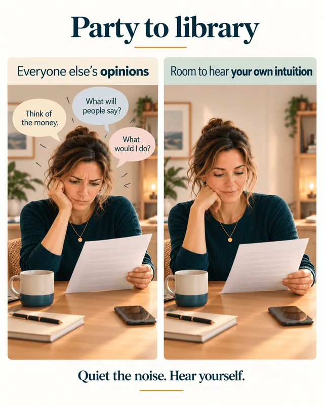 Two-panel illustration titled Party to library. On the left, a woman frowns at a letter surrounded by speech bubbles reading Think of the money, What will people say? and What would I do?, labelled Everyone else's opinions. On the right, the same woman reads calmly in a quiet room, labelled Room to hear your own intuition. Caption: Quiet the noise. Hear yourself.